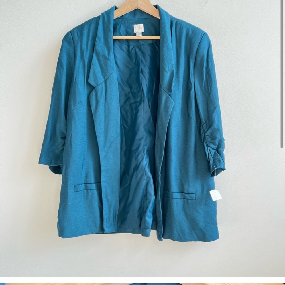 LC Lauren Conrad Blue Runched Sleeve Open Front Light Weight Blazer Size 14